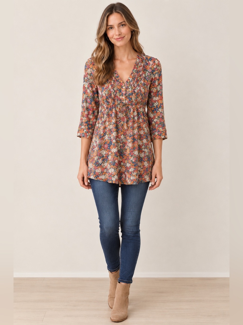 American Rag Floral Pintuck Tunic - Orange, Blue, Cream